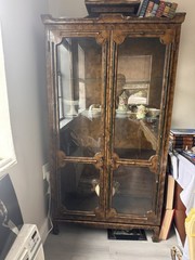 Antique Display Cabinet Glass Front Wood Stained 3 Shelves 2 Doors Brown