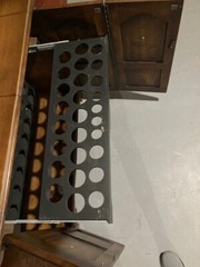 VTG (60’s) FLIP TOP DRY BAR CABINET W/GLASS SET /CASTERS / WINE RACK – ORIG OWNR