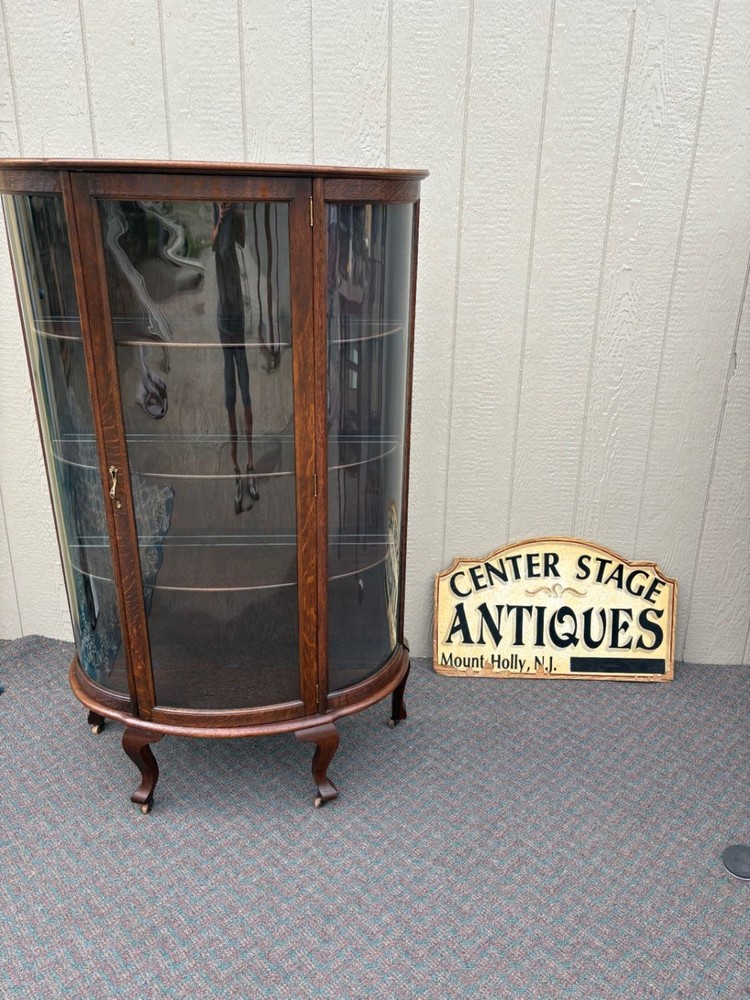 67680 Antique Bowed Oak China Cabinet with Glass Door Display