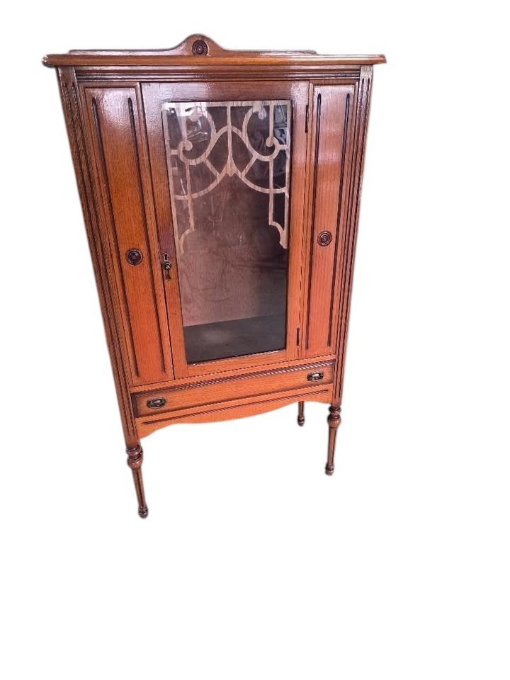 Antique Edwardian Oak Display Cabinet, Curio Cabinet, Glass Door Cabinet