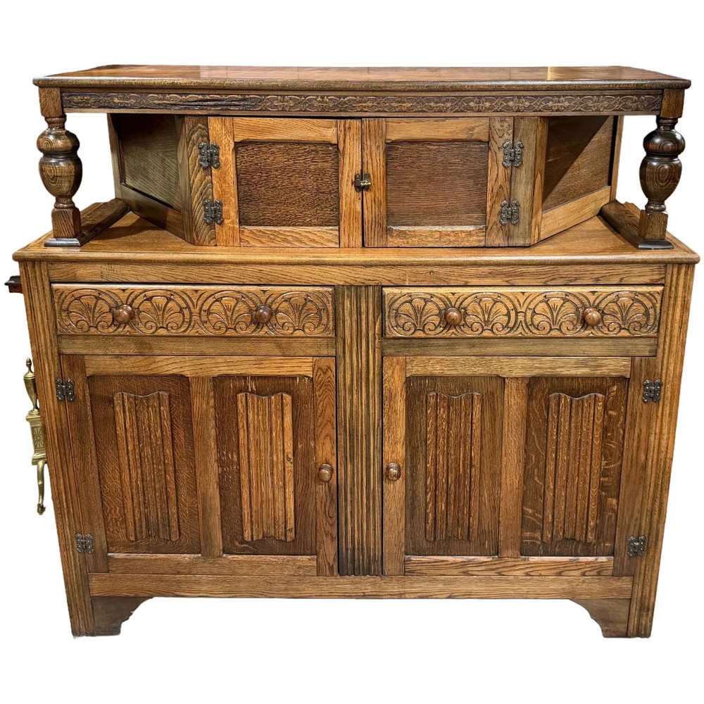 Jacobean Style Two Part Oak Court Cupboard with Decorative Carving