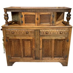 Jacobean Style Two Part Oak Court Cupboard with Decorative Carving