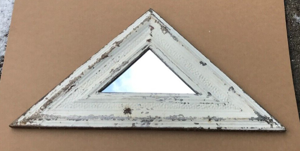 VTG Salvaged Triangle. 16X32 Shabby White Tin Ceiling Wrapped Mirror Old 153-25B