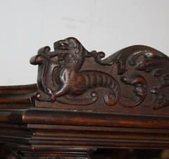 Antique Oak China Cabinet – Hooded Canopy with Carved Ladies – Original Finish –