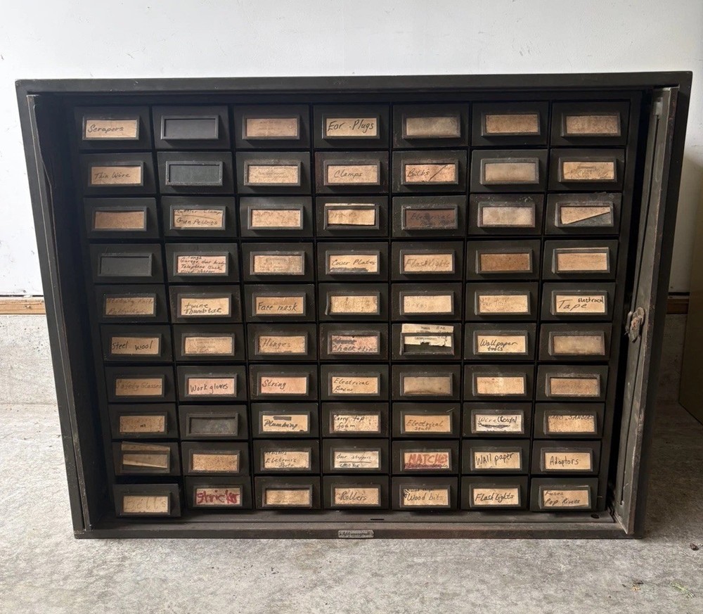 Vintage 70 Drawer Metal Card Catalog Cabinet Industrial Apothecary Army Green
