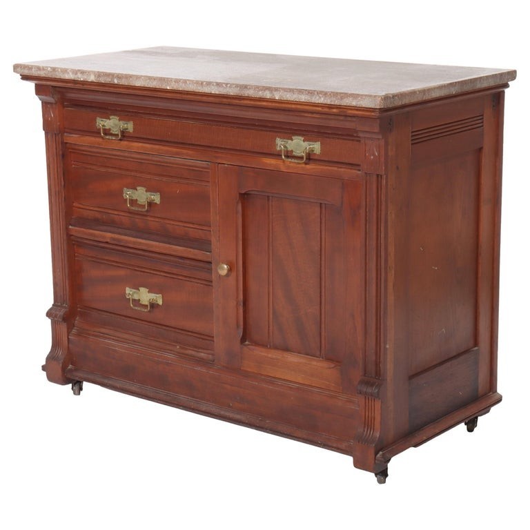 Antique Eastlake Walnut & Burl Marble Top Washstand C1890
