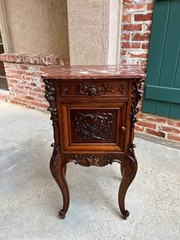 Antique French Nightstand Cabinet Marble Top Louis XV Carved Walnut c1890