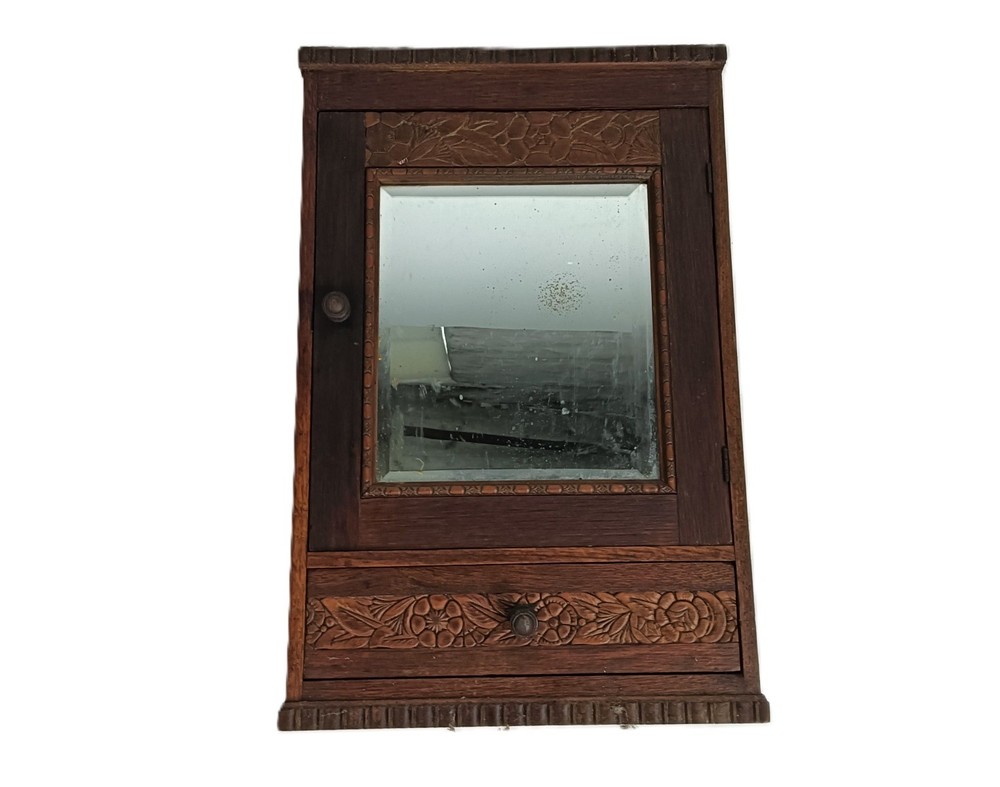 antique wall hanging medicine shaving cabinet wood beveled glass ornate