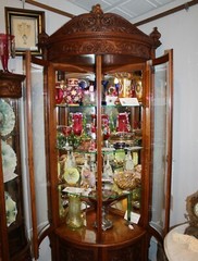 Antique Carved Oak Corner China Curio Cabinet – curved beveled glass