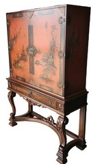 Cabinet on Stand, Chinoiserie, Japanned, Console Base China, Asian, Walnut,66″t