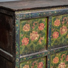 Antique Tibetan Hand Painted Floral Pine Cabinet Early 1900s 4 Door Storage