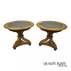 Vintage French Country Style Walnut Slate Top Pedestal Base End Tables – a Pair