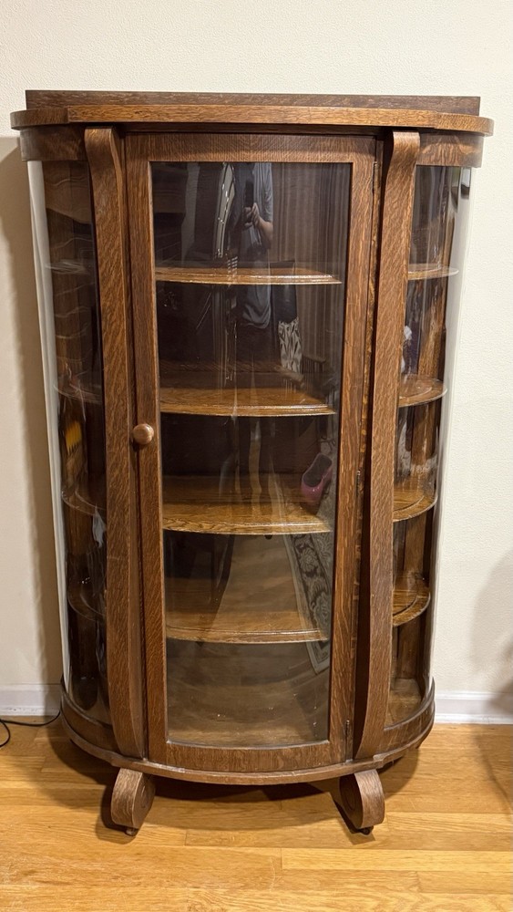Antique Tiger Wood Curved Glass Curio Display Cabinet 60”H x 36”W x 15”D