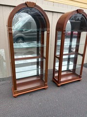 67572 + 67571 PAIR of Lighted Etched Glass Curio Cabinets with Wood Frame