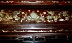 Antique Cabinet Glass Front Hand Carved Asian Motifs & Mother-of-Pearl Designs