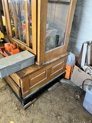 vintage antique quartersawn Oak school house cabinet 74” w x 90” h x 32/20” D