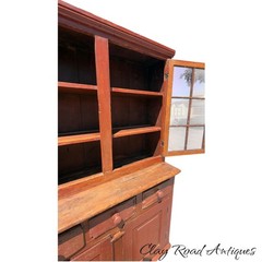 Antique Red painted 12 light primitive cupboard step back farm house country