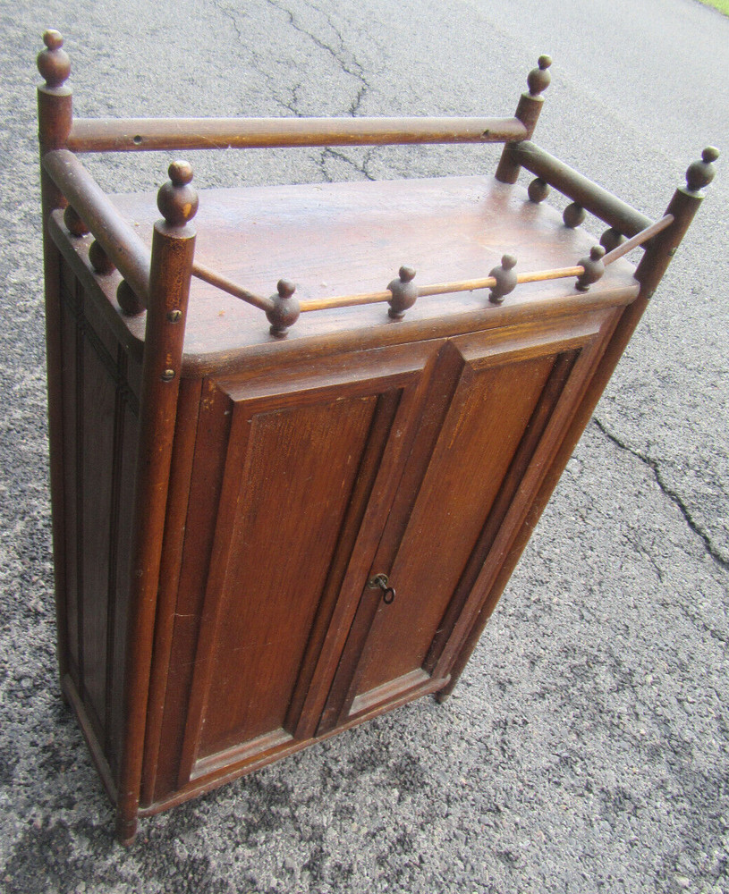Antique Victorian Oak Stick & Ball Skeleton Key Medicine Cabinet Cupboard