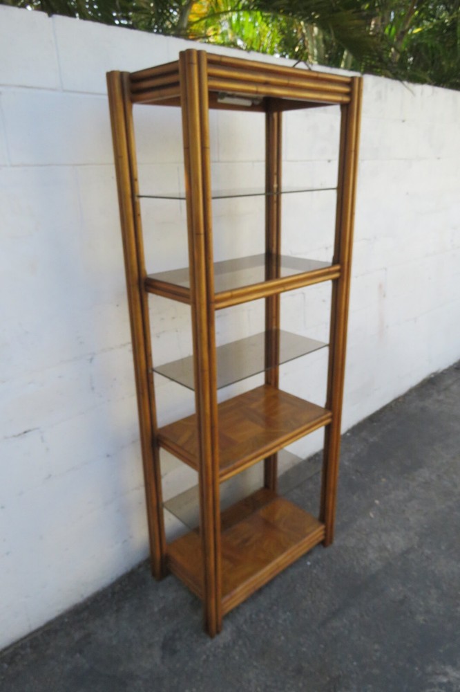 Hollywood Regency Bamboo Rattan Glass Shelving Display Cabinet Bookshelf 5830