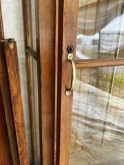 c1890 oak upright 2 door display cabinet 6’w x 85”h x 20”d – Four glass shelves