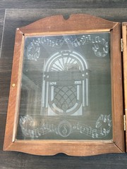 Vtg Wood Curio Cabinet Etched Musical Symbols & Juke Box Front Glass Wall Mount