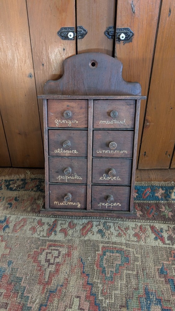 Antique Old Primitive Wood 8 Drawer Spice Cabinet Apothecary 18″ Patina