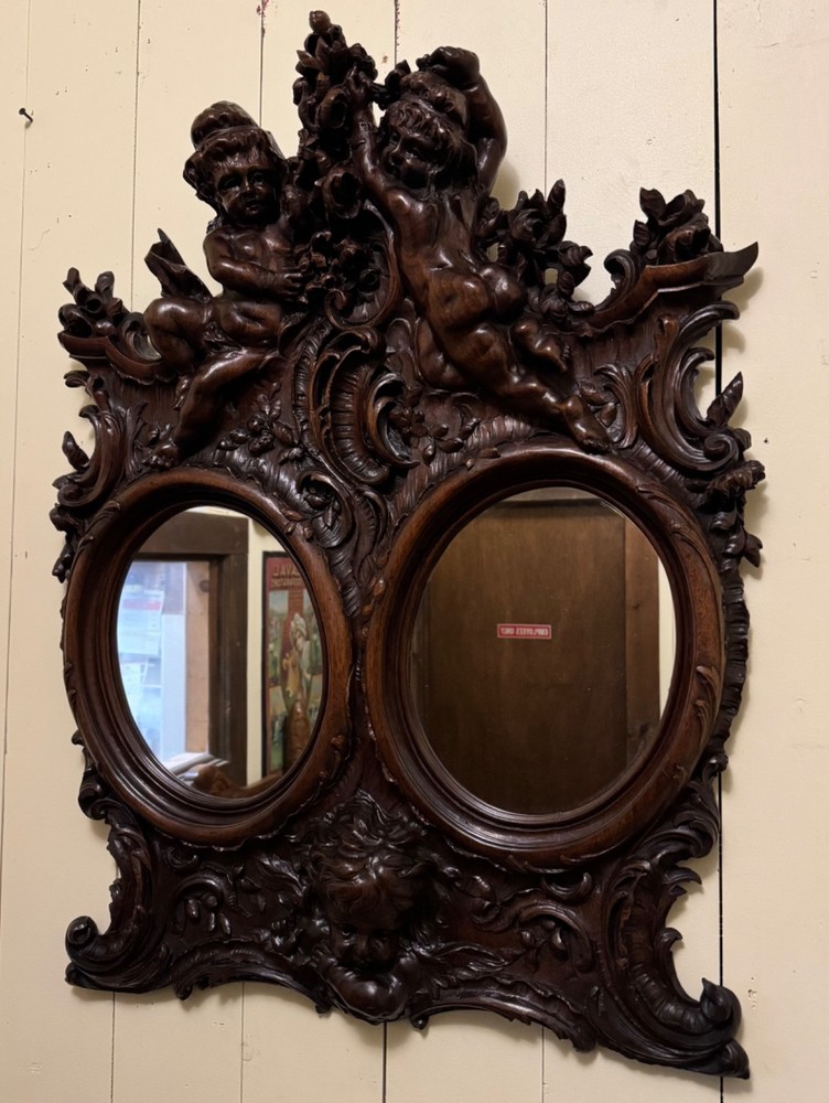 Antique Victorian Walnut Carved Mirror with Cherubs