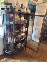 Antique Oak Bow Side/Flat Front Door;Wooden Shelves China Cabinet