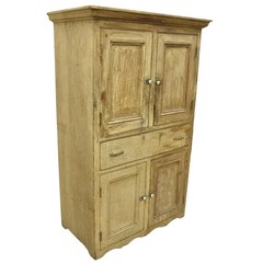 Antique French Country Farmhouse Beige Distressed Paint Kitchen Cupboard Cabinet