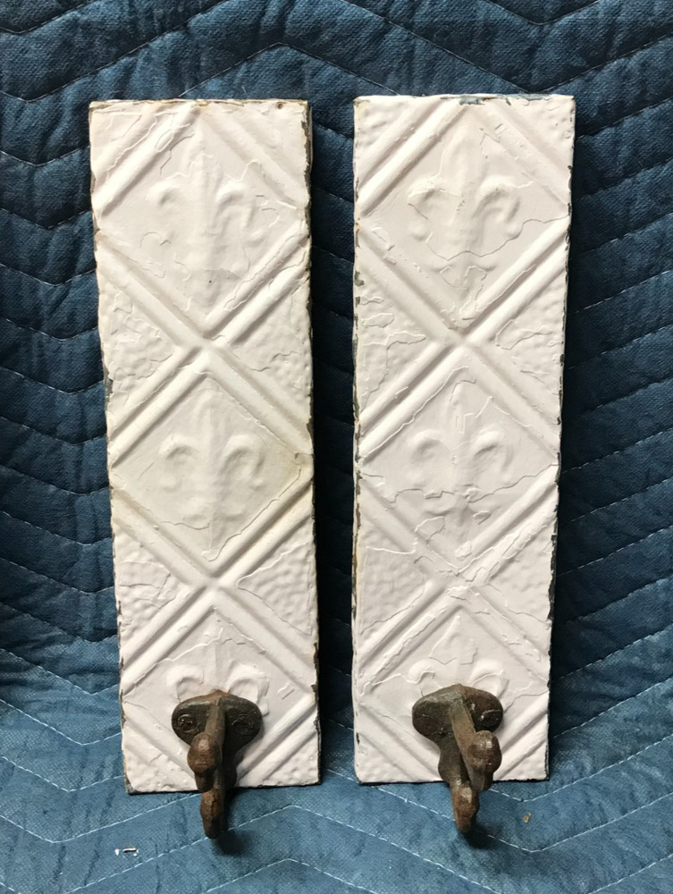 VTG Pair Decorative Tin Ceiling Metal Single Hook Wall Rack Plaque Old 405-26B