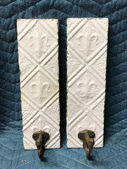 VTG Pair Decorative Tin Ceiling Metal Single Hook Wall Rack Plaque Old 405-26B