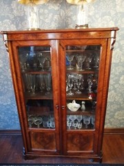 Antique Furniture: Biedermeir Walnut Bookcase China Hutch with glass front doors