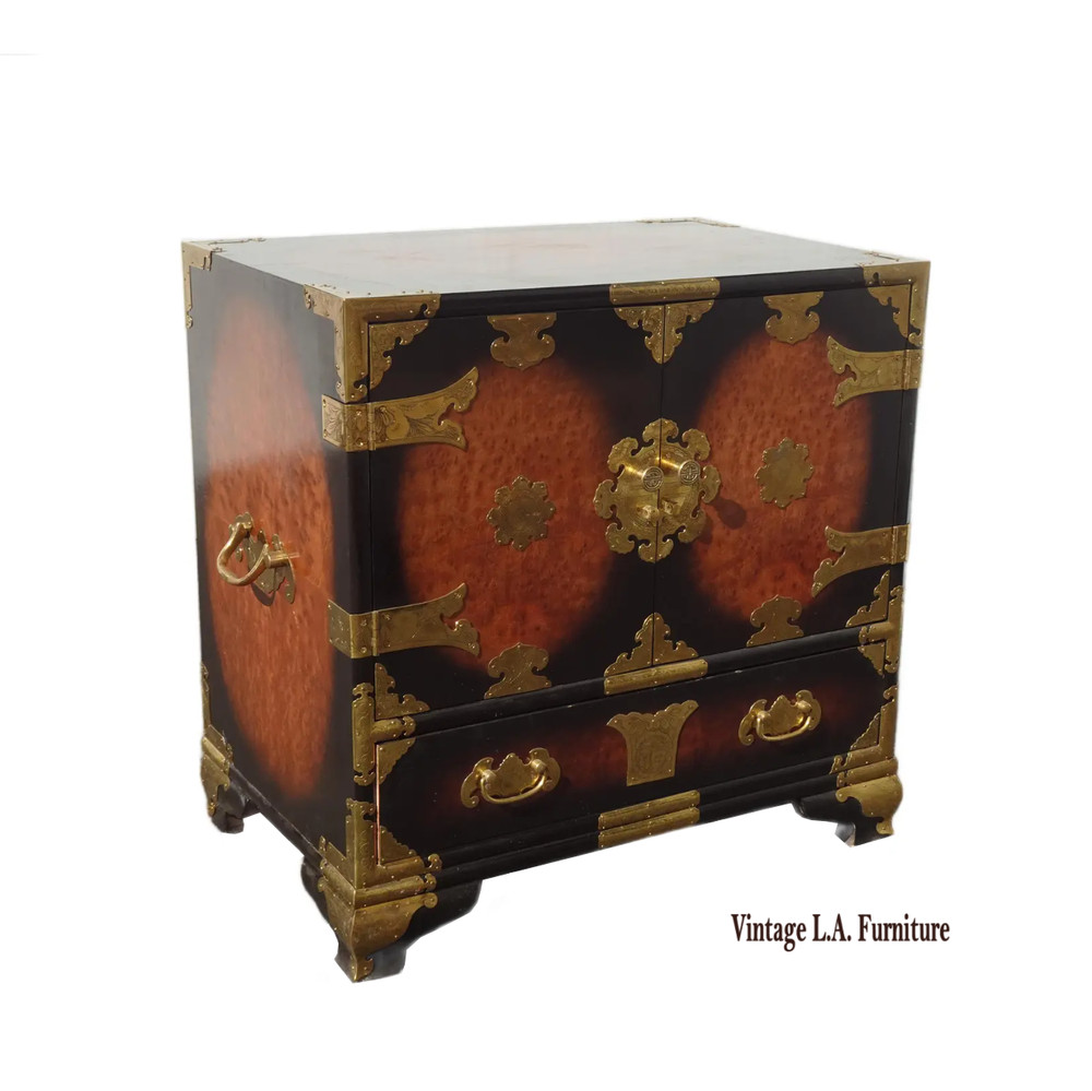 Vintage Asian Korean Tansu Style Burl Cabinet Side Table w Brass Hardware