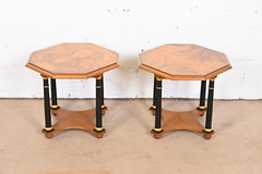Baker Furniture Neoclassical Burl Wood Parcel Ebonized Gilt Side Tables, Pair