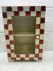 Cottage Core Painted Checkerboard Wall Cabinet with Rustic Wire Mesh Door
