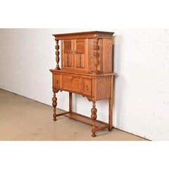 Antique English Jacobean Carved Oak Bar Cabinet, Circa 1920s
