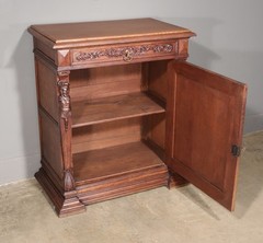 French Antique Renaissance Revival Solid Oak Wood Bar Cabinet with Carvings