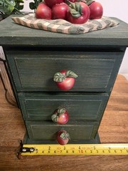 Vtg Small Rustic Green Wood 3 Drawer Trinket Spice Cabinet Apple Knobs Country