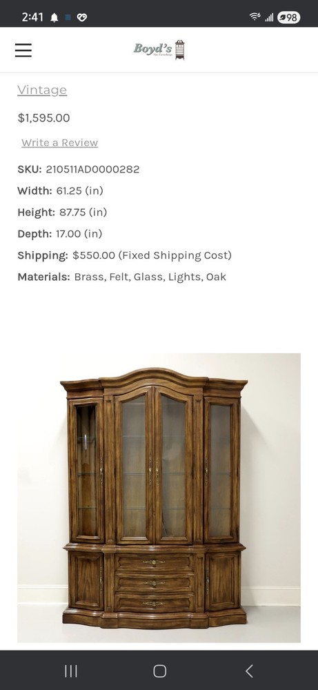 Drexel Vintage Oak China Cabinet Glass Doors Drawers Lighting 61x88x17in