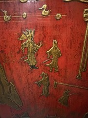 Pair Antique Red Lacquer Chinoiserie 2 Part Wedding Cabinet Armoires