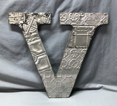 Decorative Salvage Tin Ceiling 16″ Patchwork Silver Metal VTG Letter V 215-25B