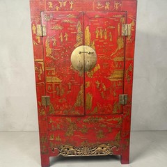 Pair Antique Red Lacquer Chinoiserie 2 Part Wedding Cabinet Armoires