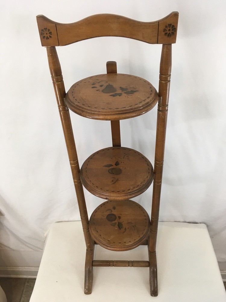 Vtg Antique Hand Made Crafted Solid Wood 3 Tier Tole Painted Pie Display Stand