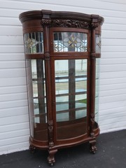 Late 1800s Large Tall Tiger Oak Leaded Stain Glass Curio Cabinet Cupboard 6573
