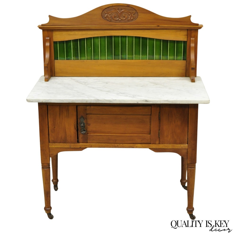 Antique English Arts & Crafts Birch Wood Green Tile Backsplash Washstand Server