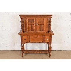 Antique English Jacobean Carved Oak Bar Cabinet, Circa 1920s