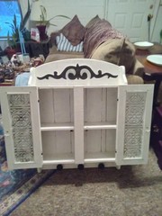 Vintg White Wood Medicine Wall Cabinet Hammered Decorative Tin Doors Oversized