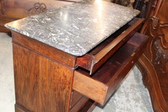 French Antique Tiger Mahogany Louis Philippe Marble Top Chest / Sideboard