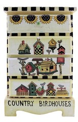 VTG Folk Art Mini 4 Drawer Wood Chest •Handmade & Painted •Birdhouses Sunflowers