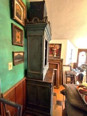Antique Country Farmhouse Old Blue Milk Paint 2 Piece Step Back Cabinet Cupboard